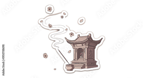 Traditional Asian shrine with burning incense and floating cherry blossoms, symbolizing peace, meditation, and cultural spirituality in a serene illustration.