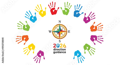 Set of 16 colorful hand icons around compass vector