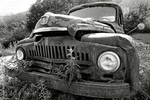 Ein altes unheimliches rostiges kaputtes Auto steht von Pflanzen eingewachsen auf einer Wiese