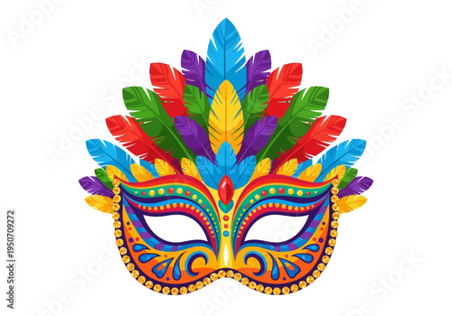 Colorful Mardi Gras Masquerade Mask with Feathers and Ornate Designs.