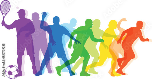 Colorful silhouette of diverse athletes playing sports including tennis, soccer, running and teamwork concept with dynamic motion rainbow overlay