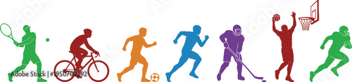 Colorful sports silhouettes collection featuring athletes running, cycling, tennis, basketball, hockey, and football players isolated on white background vector illustration