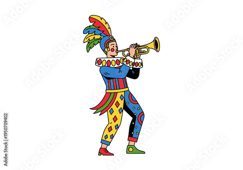 Jester playing a trumpet in colorful costume.