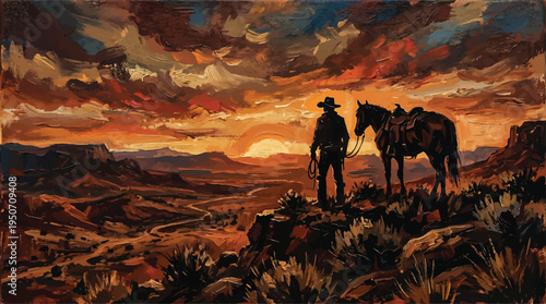 A lone cowboy stands silhouetted with his horse against a dramatic, fiery sunset over a vast desert landscape.