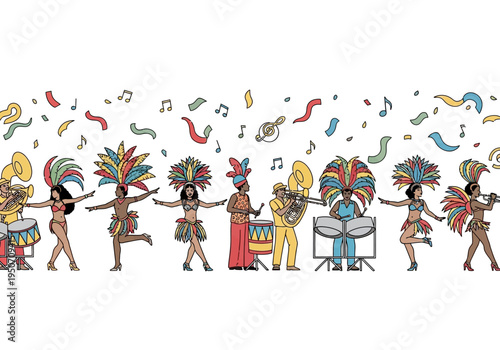 Carnival dancers and musicians in vibrant costumes celebrating with confetti.