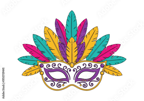 Colorful Mardi Gras Masquerade Mask with Feathers.