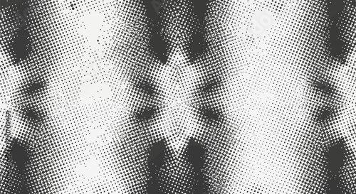 Abstract seamless black and white halftone pattern with distressed texture, featuring varying dot density and diagonal geometric layout, high-contrast grainy effect for background.