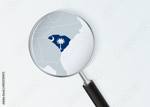 South Carolina Map Under Magnifying Glass with National Flag Overlay.