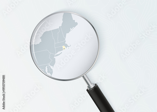 Rhode Island Map Under Magnifying Glass with National Flag Overlay.