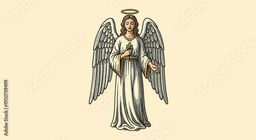 Vintage Woodcut Engraving Illustration of a Standing Winged Angel with a Golden Halo, Holding a Small Leaf Branch, Wearing a Long White Robe on a Minimalistic Beige Background.