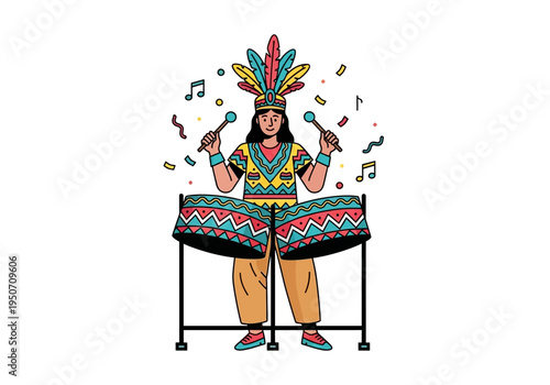 Person playing drums wearing traditional costume and headdress.