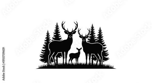 Black silhouette illustration of a deer family featuring two adult stags with antlers and a small fawn standing together in front of evergreen pine trees on a white background.