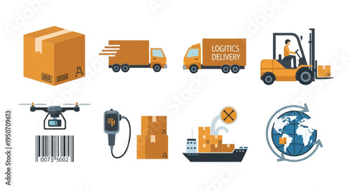 Logistics and delivery icon collection featuring cardboard box, delivery truck, forklift, drone, barcode, scanner, stacked packages, cargo ship, and global shipping symbols.