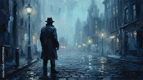 A lone detective in a trench coat and fedora stands on a wet cobblestone street looking into the foggy, gaslit city.