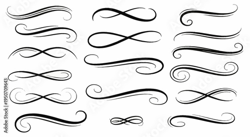 Collection of black calligraphic swooshes, decorative swirls, and elegant line dividers on white. Includes hand-drawn flourishes, curly ornaments, and filigree scroll elements for decor.