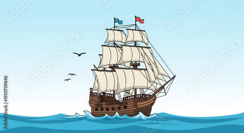 Detailed vector illustration of a vintage wooden sailing ship with multiple masts and white sails cruising on blue ocean waves under a light sky with flying seagulls and flags.