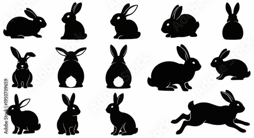 Set of black rabbit and hare silhouettes in various poses including sitting, hopping, running, front view, and back view, isolated on a white background for vector design elements.