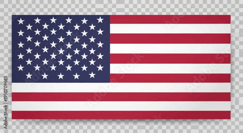 Realistic vector illustration of the national flag of the United States of America featuring fifty white stars and thirteen red and white stripes isolated on a transparent background.