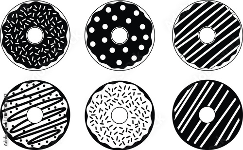 Set of black and white donut illustrations with different topping patterns, minimal vector food icons isolated on white background design