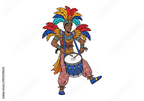 Man in colorful costume playing a drum during a festival celebration.