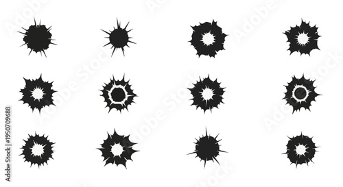 Collection of twelve black bullet hole silhouettes and impact damage icons isolated on a white background. Set features various gunshot shapes with cracked edges and puncture marks.