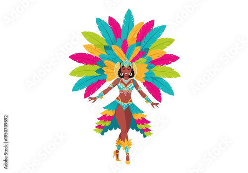 Woman in Colorful Carnival Costume with Feathers.