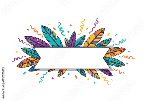 Colorful Feathers and Confetti Banner for Celebrations.