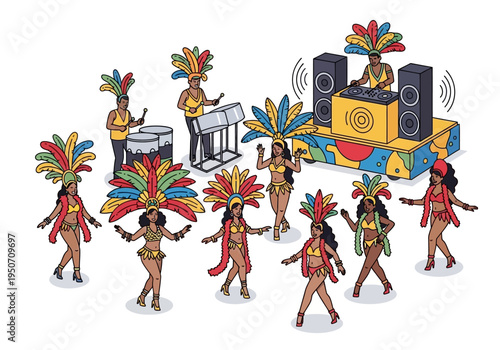 Carnival Dancers and Musicians Performing Lively Music.