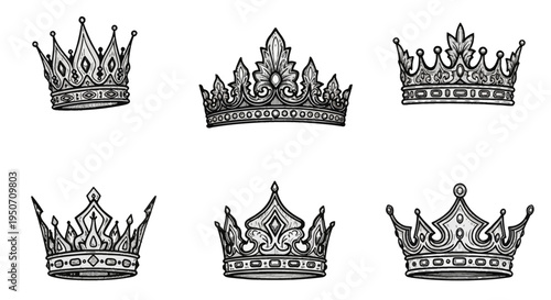 Six hand-drawn vintage royal crowns in a black and white vector engraving style. Ornate monarch tiaras with detailed filigree, jewels, and heraldic symbols isolated on a white background.