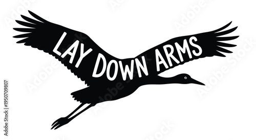 Black vector illustration of a flying bird with 'Lay Down Arms' text