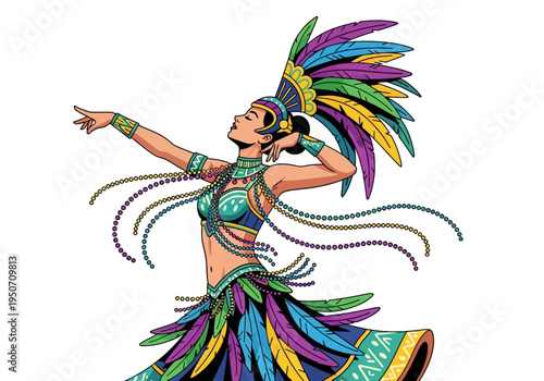 Beautiful Woman Dancing in Colorful Carnival Costume.