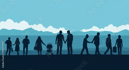 Blue vector illustration showing silhouettes of diverse people including a woman with a baby stroller, travelers with luggage, and couples holding hands near water and mountains.