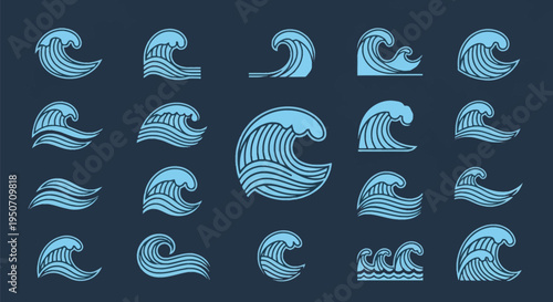 Collection of eighteen minimalist light blue ocean wave line art icons on a dark background featuring various curved water ripple shapes, surfing swells, and sea crest designs.