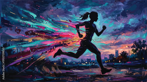 Woman's silhouette runs energetically with a vibrant, abstract light trail, symbolizing speed and determination against a dark, stylized urban landscape at twilight.