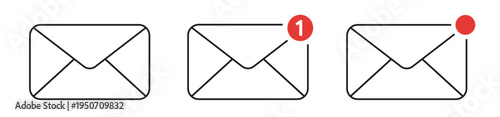 Email notification line icon set with mail envelope, unread badge and alert indicators for app interface and web UI