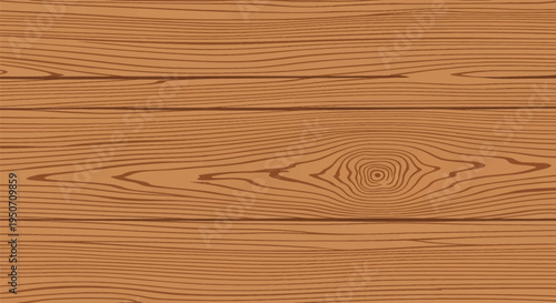 Detailed vector illustration of a horizontal brown wood grain texture background featuring realistic timber planks, organic swirling patterns and a central wood knot detail.