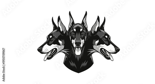 Vector illustration of a three-headed Doberman Pinscher canine resembling the mythological Cerberus creature, featuring pointed ears and open mouths, isolated on white background.