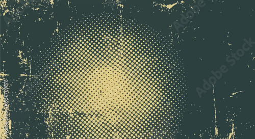 Dark teal and cream distressed halftone dot pattern background featuring a central gradient effect with heavy weathered grunge texture, scratches, and worn industrial surface.