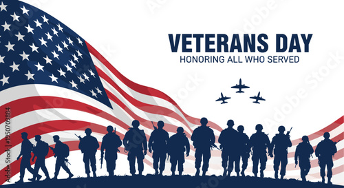 Veterans Day illustration with American flag and military soldiers silhouettes honoring service members, patriotism, freedom, and national pride concept