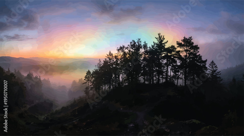 Forest trees stand silhouetted against a colorful atmospheric glow and misty valley at twilight, creating a mystical natural landscape.