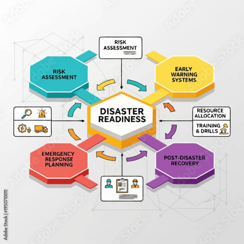 Diagram illustrating the key components of disaster preparedness, including risk assessment, early warning systems, resource allocation, post-disaster recovery, and emergency response planning.