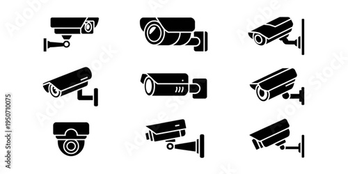 A set of black and white security camera icons on transparent background