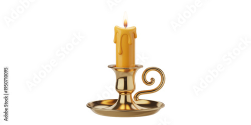 A golden candlestick with a lit candle on transparent background