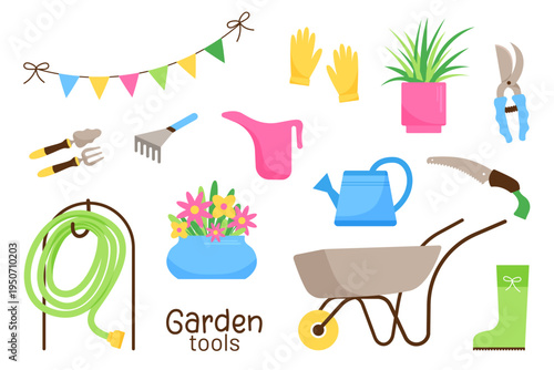 Colorful set of garden tools and equipment in flat vector style. Collection with watering cans, wheelbarrow, rake, pruner, hose, gloves, boots and plants for gardening, farming and plant care isolated