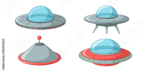 A set of colorful UFOs flying in the sky on transparent background