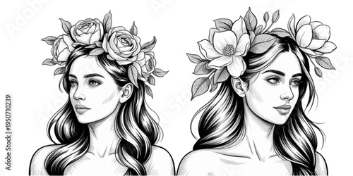 A minimalist line art illustration of two women with floral crowns on transparent background