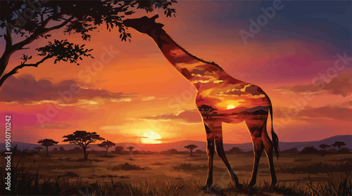 A composite image features a giraffe silhouetted against an African savanna sunset with the sky visible within its form.