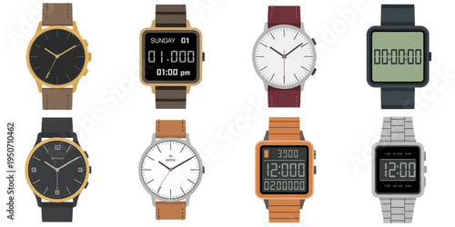 A collection of eight modern watches with various designs and digital displays on transparent background