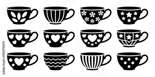 A set of black and white tea cups with various designs on transparent background