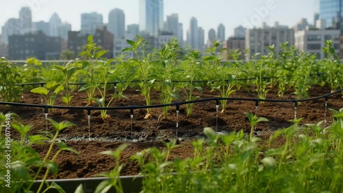 Young plants Growing in Urban Garden with City Skyline in Background